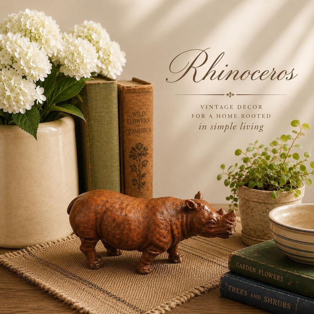 Vintage Wooden Rhino Figurine – Rustic Animal Sculpture – Safari Folk Art Decor
